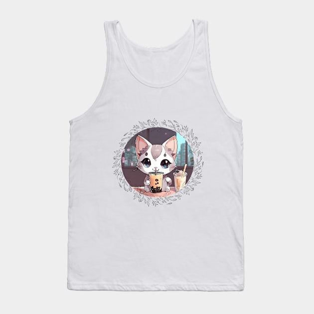 Cute grey and white cartoon cat drinking Boba Tank Top by vwagenet